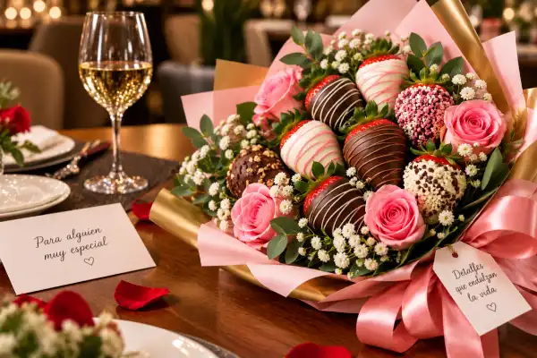 Flores con fresas cubiertas de chocolota en Cali